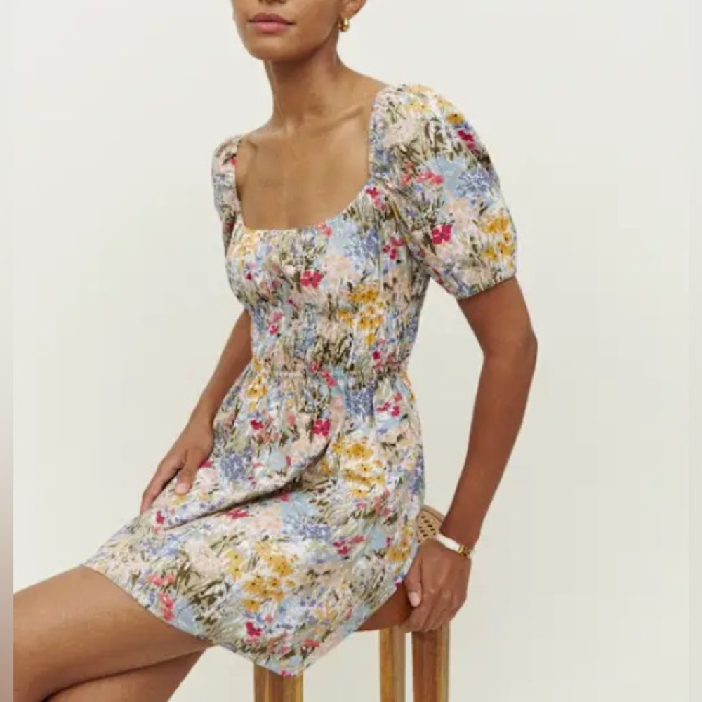 Reformation Floral Mini Dress in Pastel Mix (Blue, Yellow, Pink)